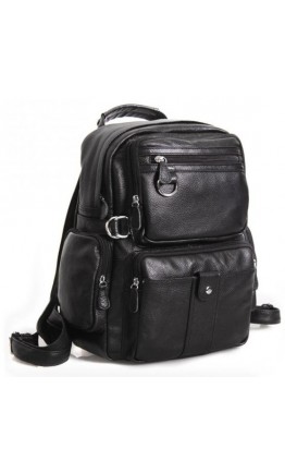 Компактный модный черный кожаный мужской рюкзак 73001