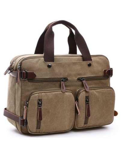 Фотография Коричневая сумка - рюкзак из плотной ткани и кожи 79030c