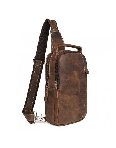 Фотография Кожаный коричневый мужской рюкзак на одно плечо - слинг JD4009В