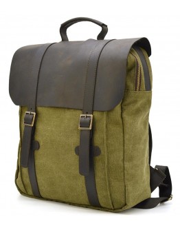Вместительный рюкзак из натуральной кожи и прочной ткани канвас цвета хаки TARWA RCh-3420-3md