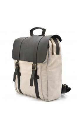 Вместительный рюкзак из натуральной кожи и прочной ткани канвас бежевого цвета TARWA RCj-3420-3md