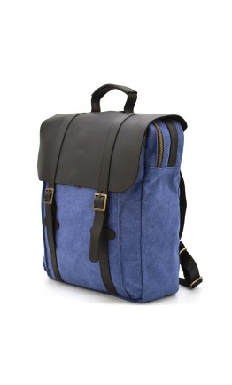 Вместительный рюкзак из натуральной кожи и прочной ткани канвас синего цвета TARWA RCk-3420-3md