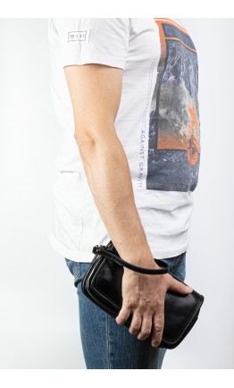 Черный мужской клатч - сумка на плечо из натуральной глянцевой кожи REK-215-Vac