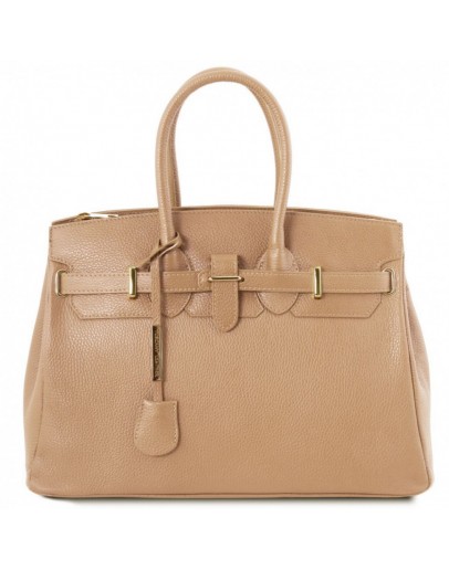 Фотография Кожаная женская вместительная сумка бежевого цвета Tuscany Leather TL141529 shamp