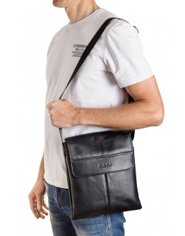 Мужская черная удобная вместительная кожаная сумка на плечо REK-074-Vermont
