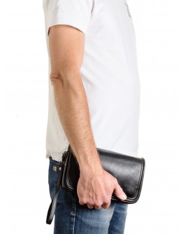 Черный кожаный мужской клатч - сумка на плечо REK-215-Vermont